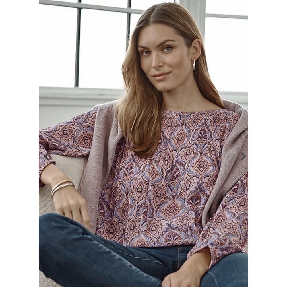 J. Jill Blouse Top Smocked Tunic Top Garden Viscose Cottage BBQ Feminine